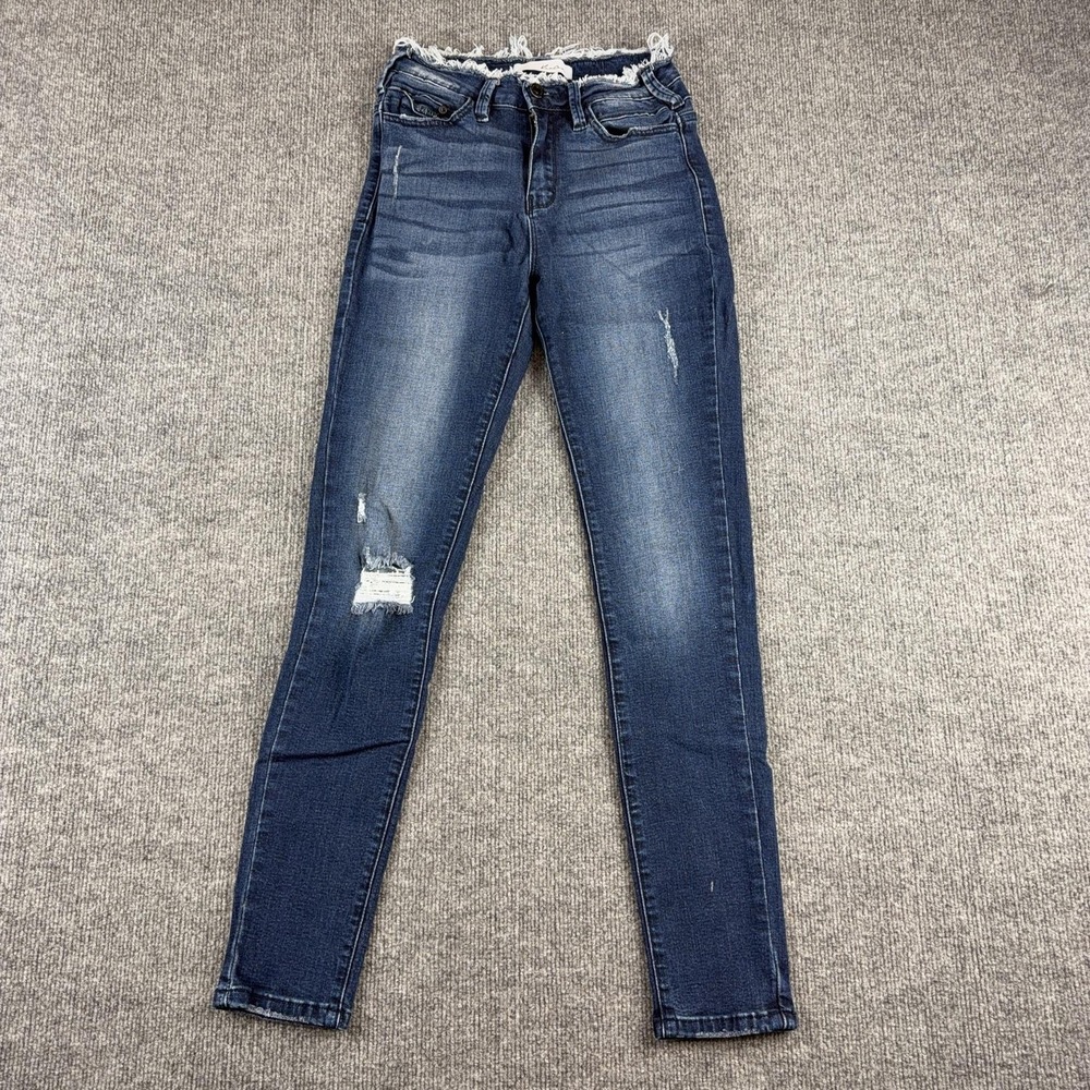 KanCan Jeans Womens 26 Medium Wash‎ High Rise Skinny Distressed Frayed Waist